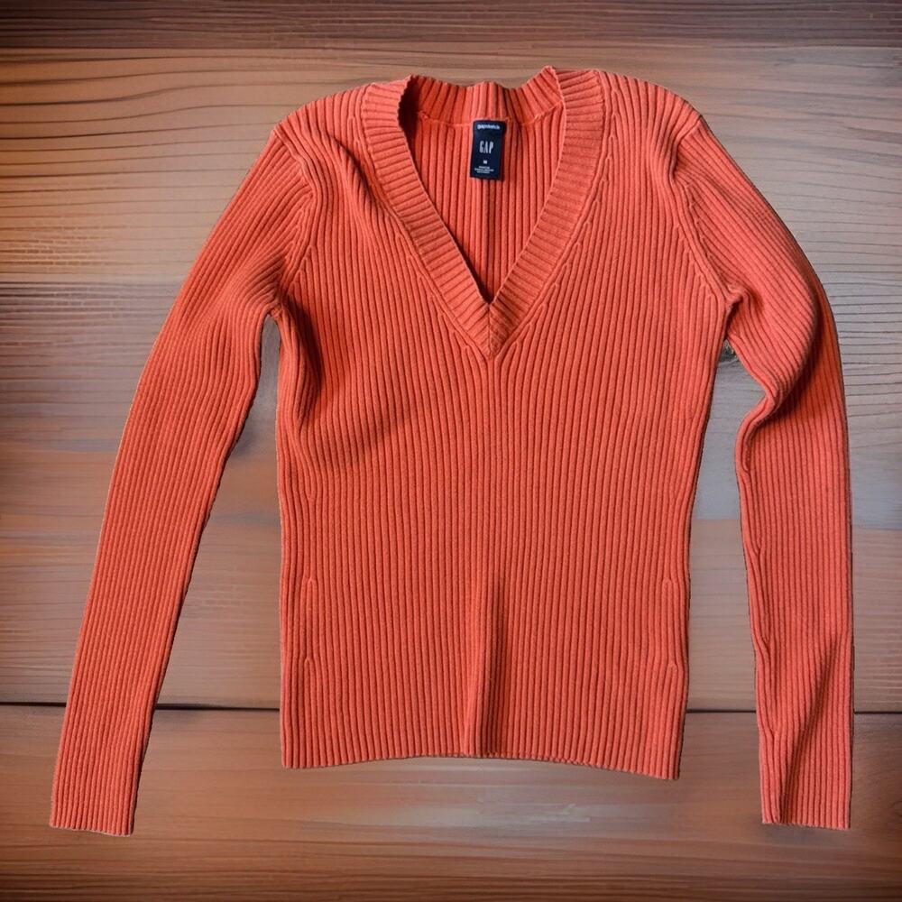 Y2K 2000's Gap Sz M Coral Ribbed V Neck Sweater Fitted Stretch Cotton Preppy